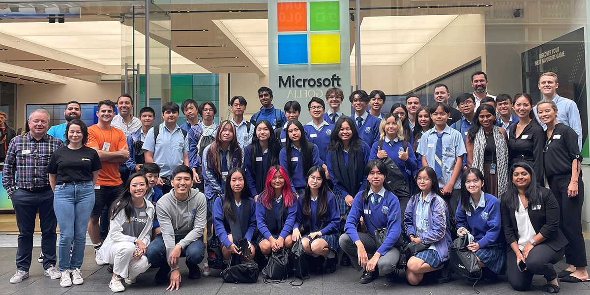 Group of students outside Microsoft Store in Sydney